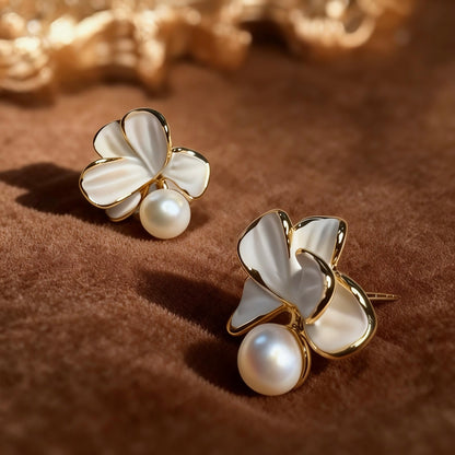 White Shell Petal Pearl Stud Earrings