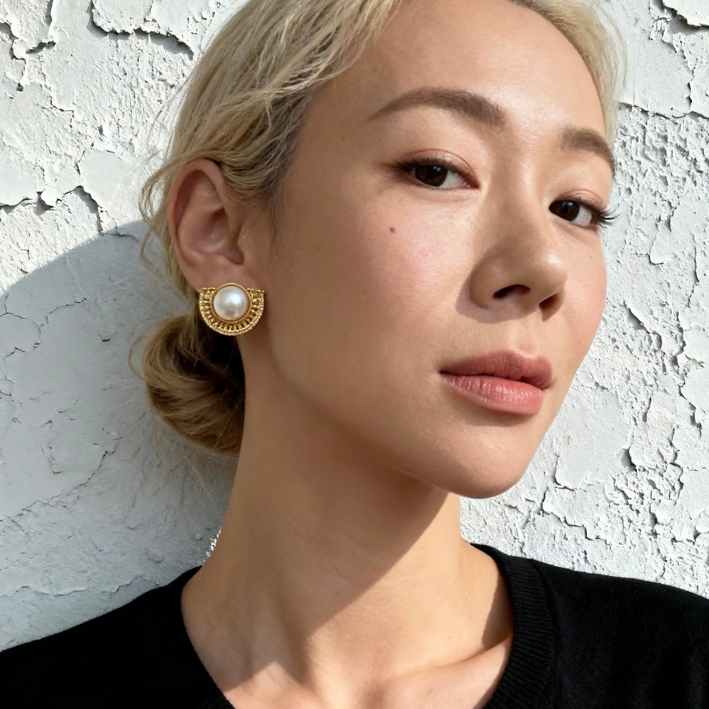 Vintage Gold Half-Moon Pearl Stud Earrings