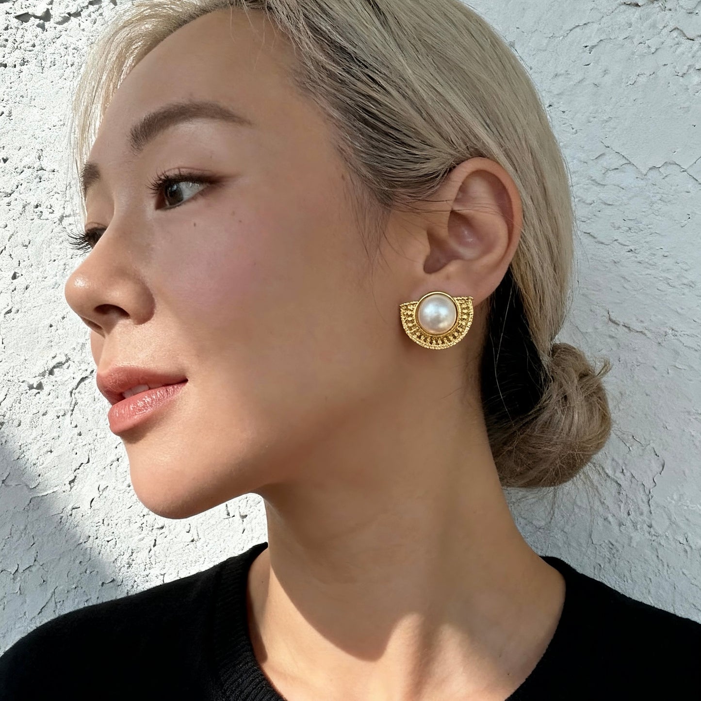 Vintage Gold Half-Moon Pearl Stud Earrings
