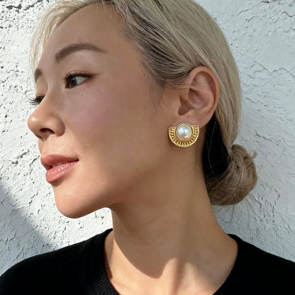 Vintage Gold Half-Moon Pearl Stud Earrings