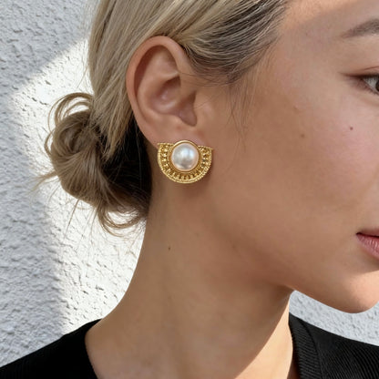 Vintage Gold Half-Moon Pearl Stud Earrings