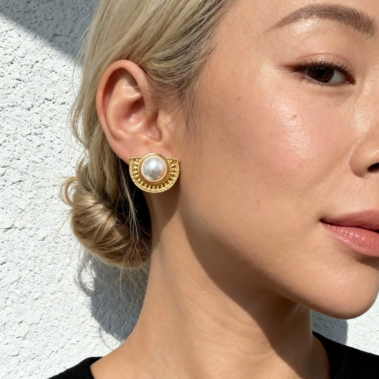 Vintage Gold Half-Moon Pearl Stud Earrings