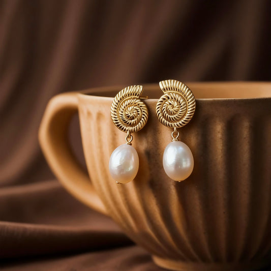 Gold Seashell Baroque Pearl Drop Earrings