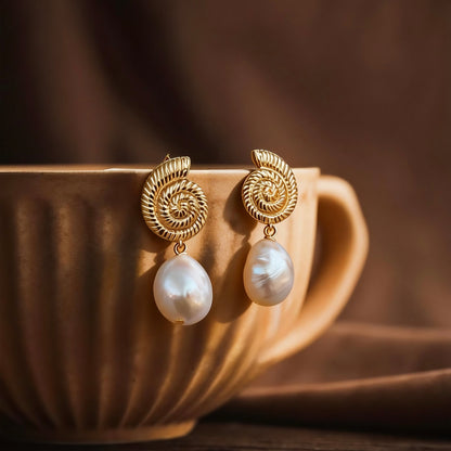 Gold Seashell Baroque Pearl Drop Earrings