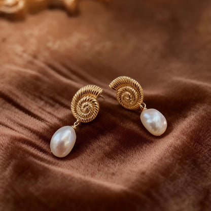 Gold Seashell Baroque Pearl Drop Earrings