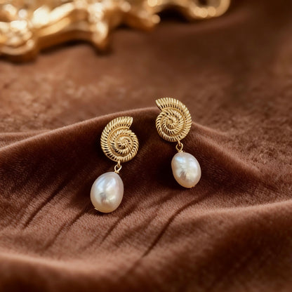 Gold Seashell Baroque Pearl Drop Earrings