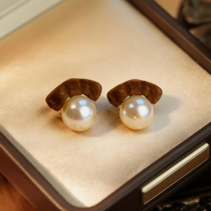 Brown Velvet Pearl Stud Earrings