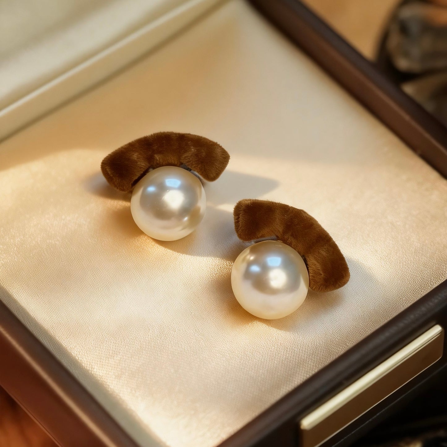 Brown Velvet Pearl Stud Earrings