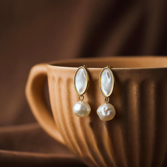 Baroque Pearl & Oval Shell Drop Earrings