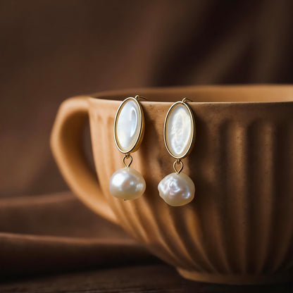 Baroque Pearl & Oval Shell Drop Earrings