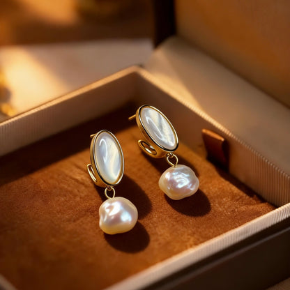 Baroque Pearl & Oval Shell Drop Earrings