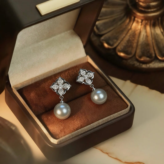 Floral Crystal Grey Pearl Earrings