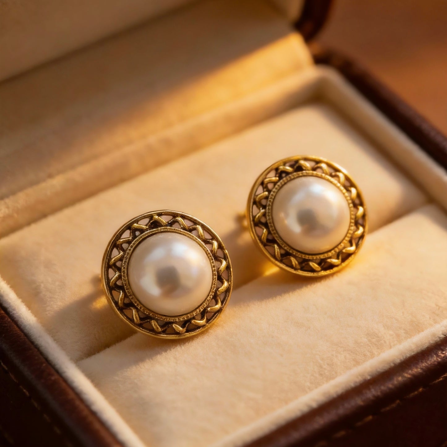 Gold Frame Pearl Stud Earrings