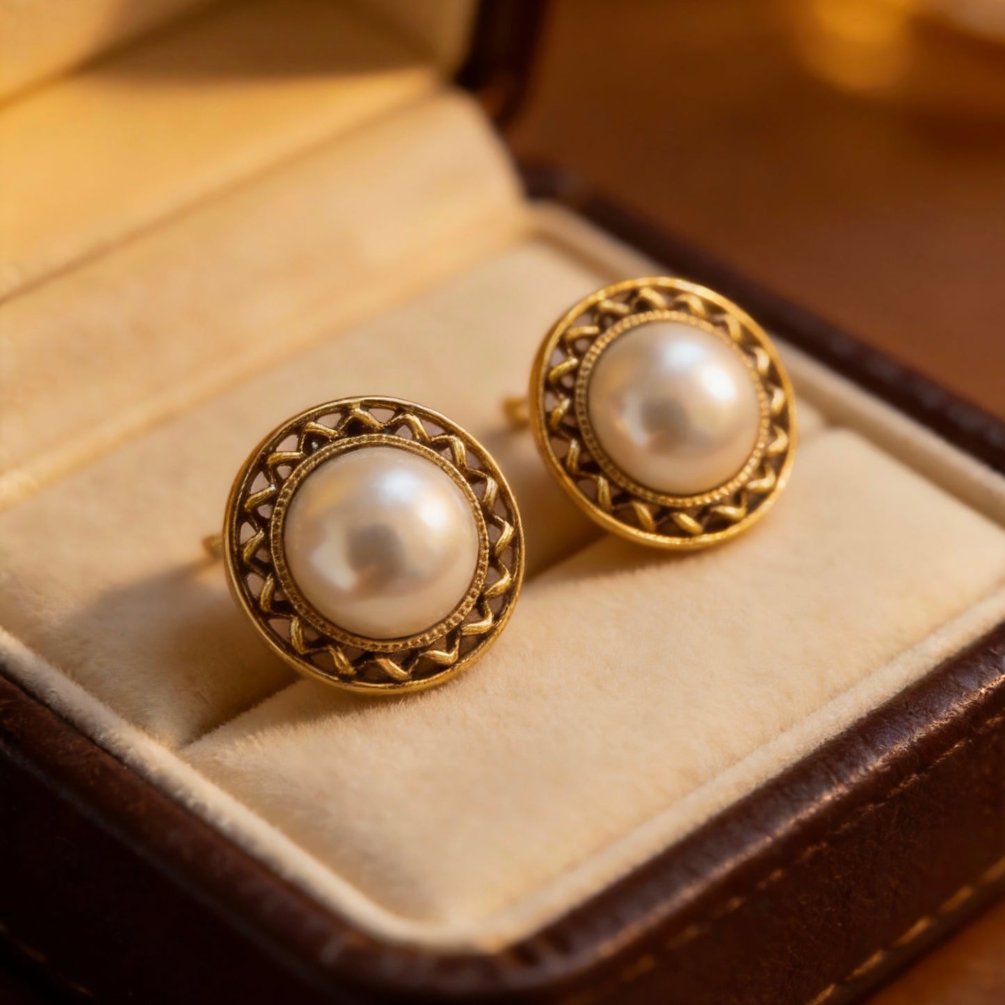 Gold Frame Pearl Stud Earrings