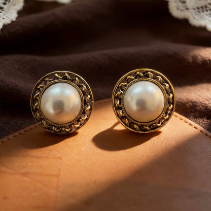 Gold Frame Pearl Stud Earrings