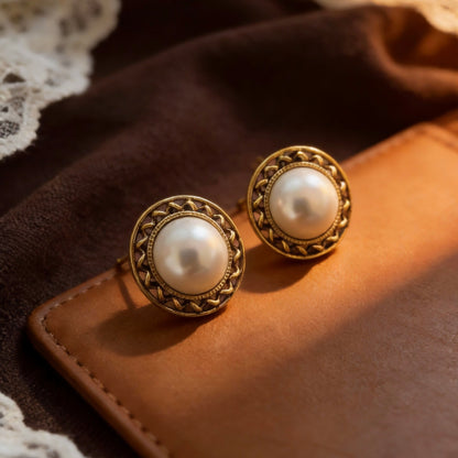 Gold Frame Pearl Stud Earrings