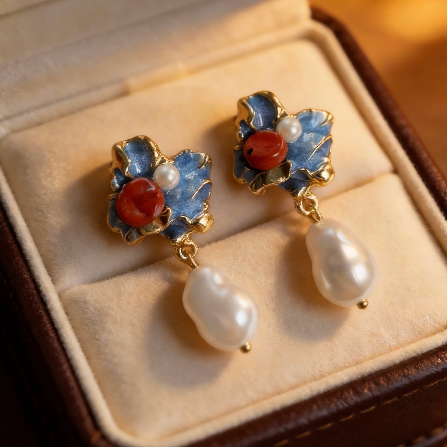 Blue Enamel Floral Baroque Pearl Drop Earrings