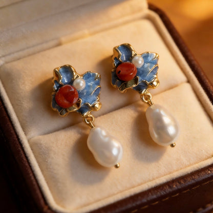 Blue Enamel Floral Baroque Pearl Drop Earrings