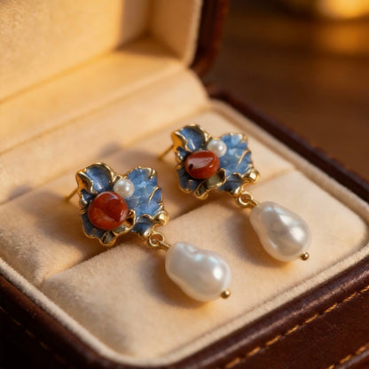 Blue Enamel Floral Baroque Pearl Drop Earrings