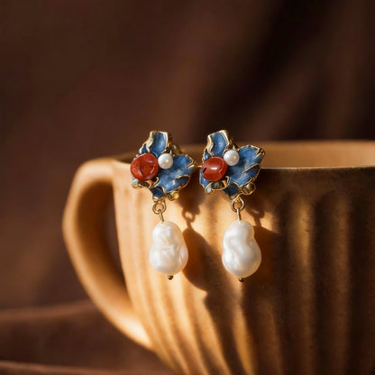 Blue Enamel Floral Baroque Pearl Drop Earrings