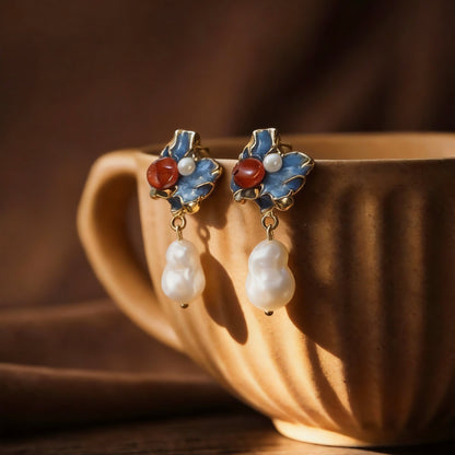 Blue Enamel Floral Baroque Pearl Drop Earrings
