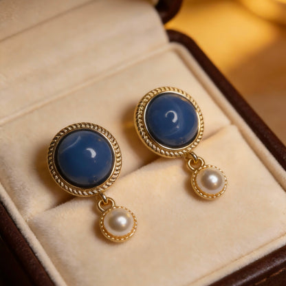 Blue Stone & Pearl Drop Earrings