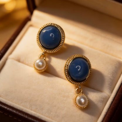 Blue Stone & Pearl Drop Earrings