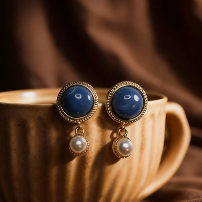 Blue Stone & Pearl Drop Earrings