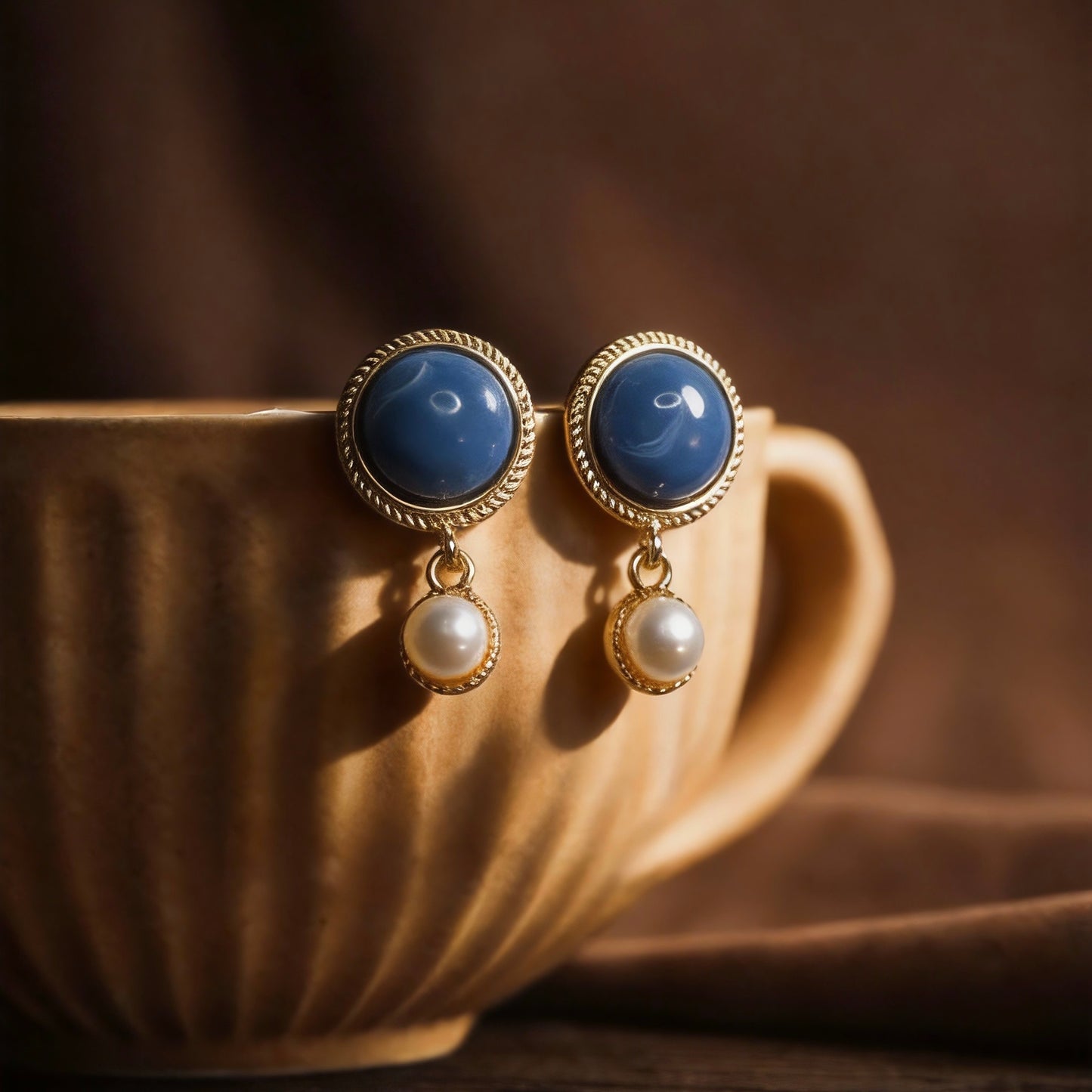 Blue Stone & Pearl Drop Earrings