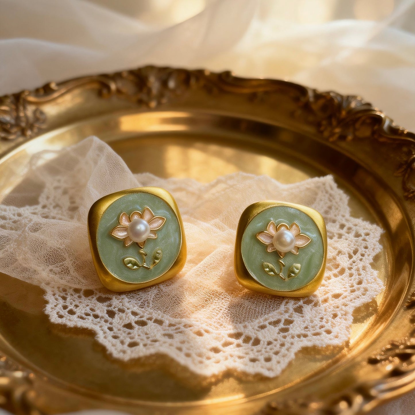 Green Jade Blossom Pearl Earrings