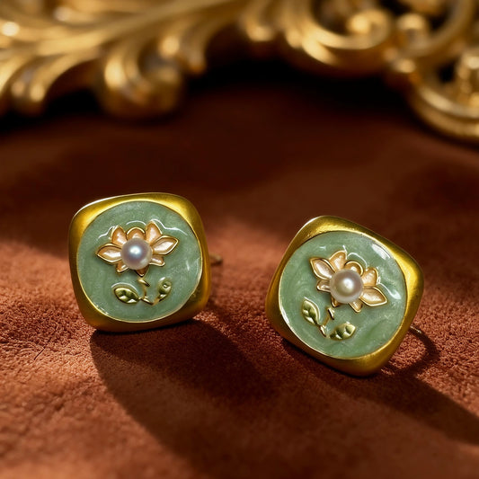 Green Jade Blossom Pearl Earrings