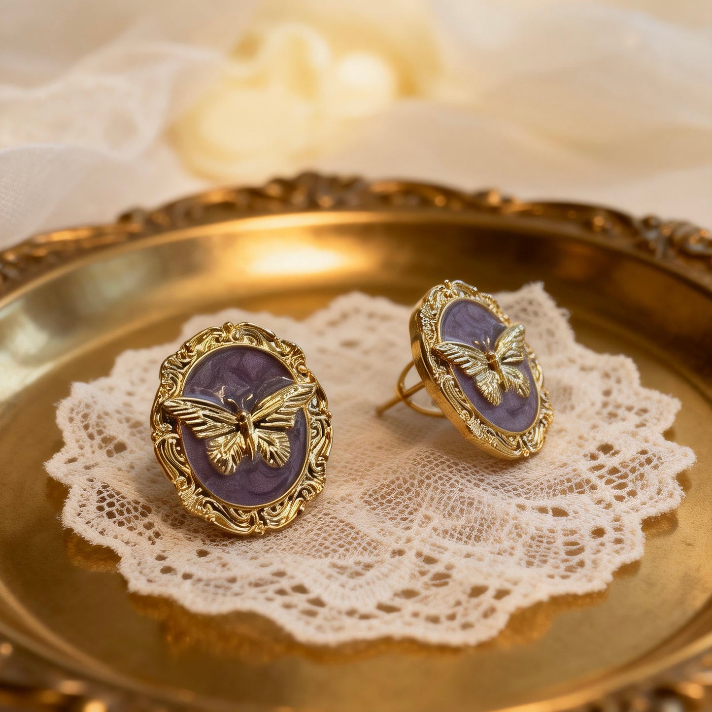 Vintage Purple Cameo Butterfly Earrings