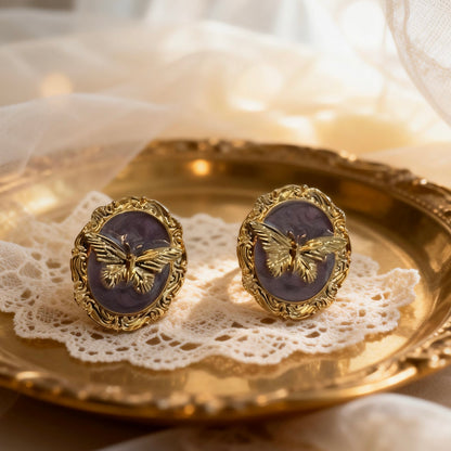 Vintage Purple Cameo Butterfly Earrings