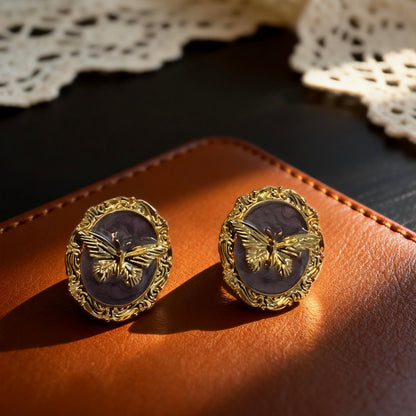 Vintage Purple Cameo Butterfly Earrings