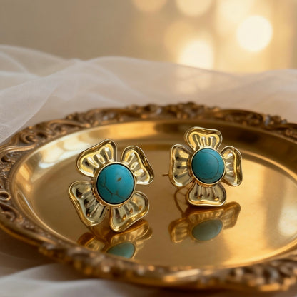 Gold Turquoise Flower Studs