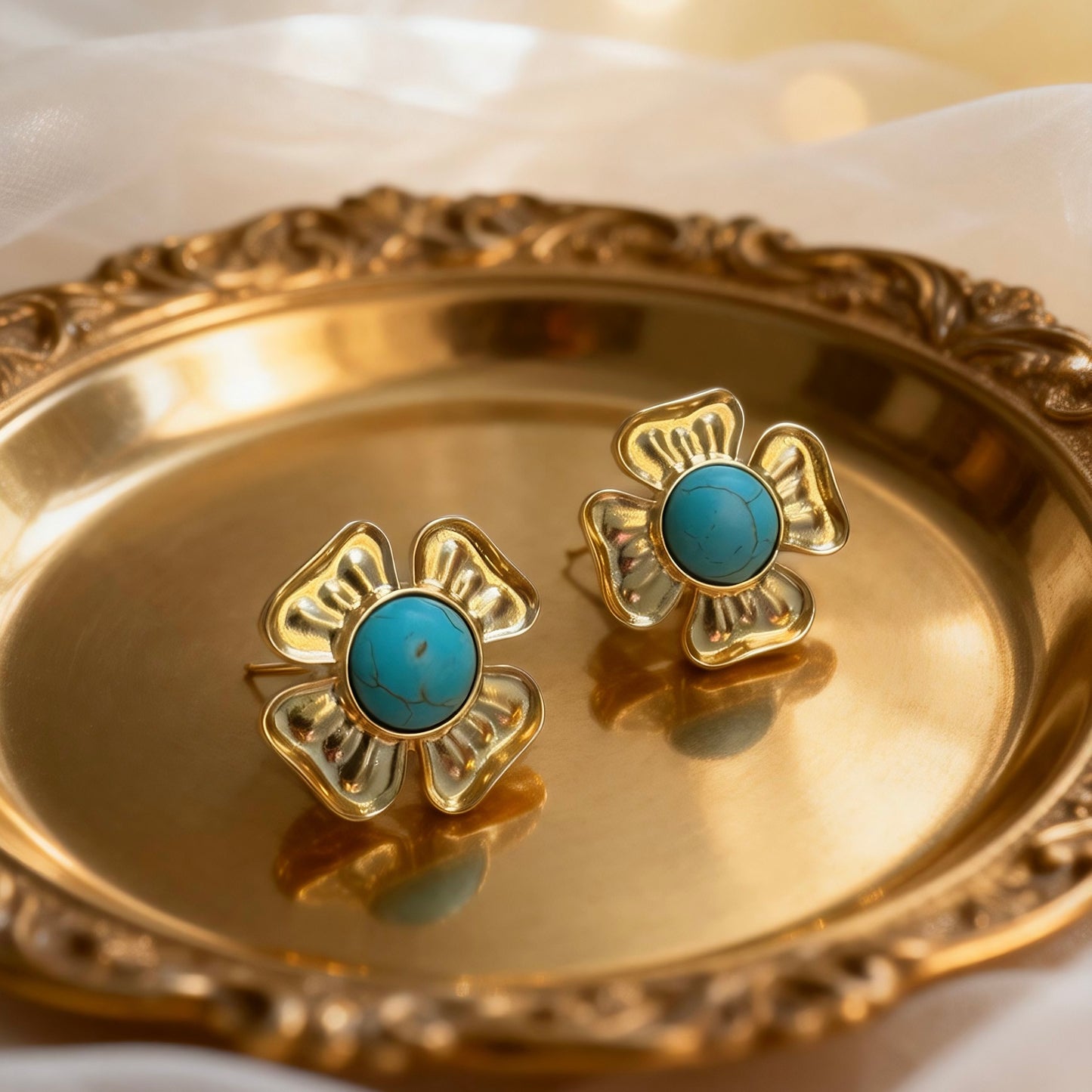 Gold Turquoise Flower Studs
