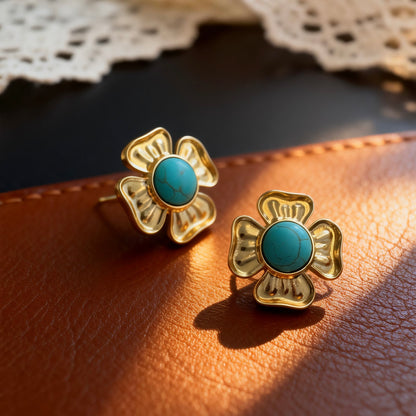 Gold Turquoise Flower Studs
