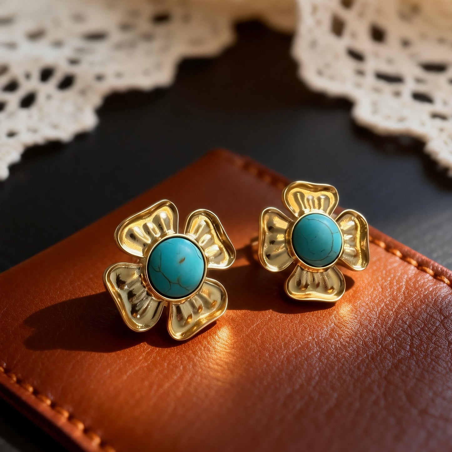 Gold Turquoise Flower Studs