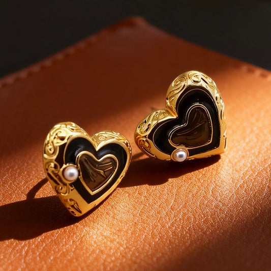Vintage Black Heart Pearl Earrings