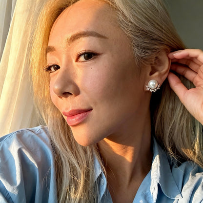 Pearl Stud Earrings with Crystal Halo