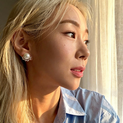 Pearl Stud Earrings with Crystal Halo