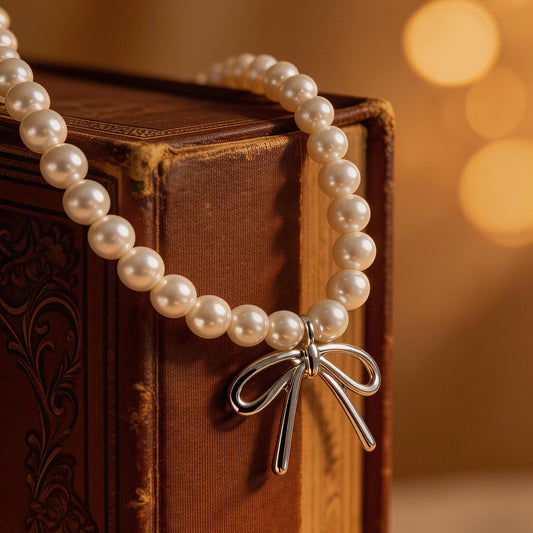 Pearl Necklace with Silver Bow
