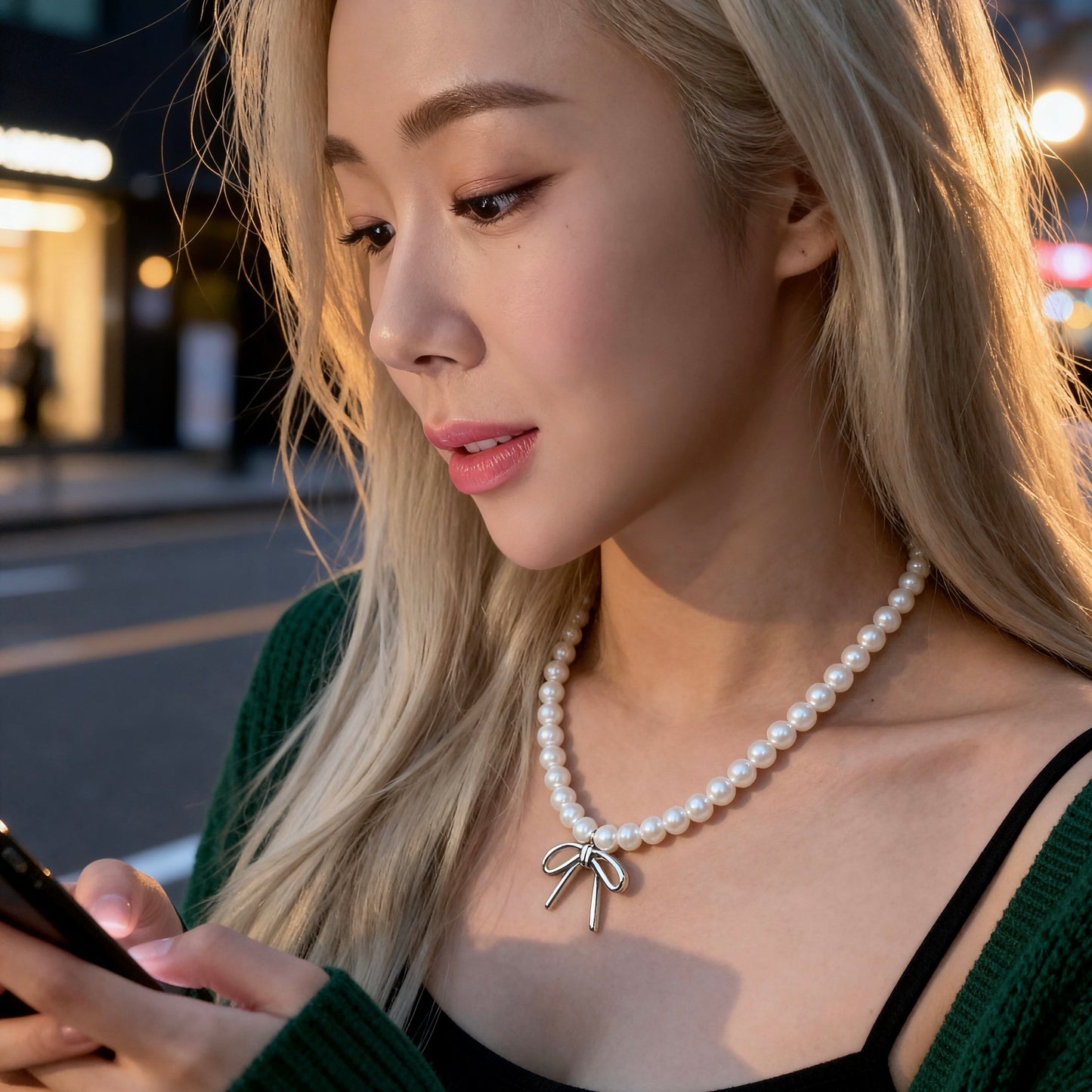 Pearl Necklace with Silver Bow