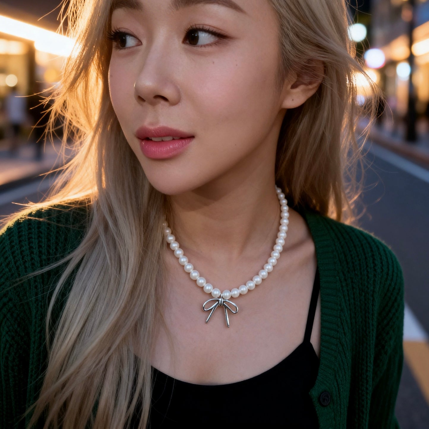 Pearl Necklace with Silver Bow