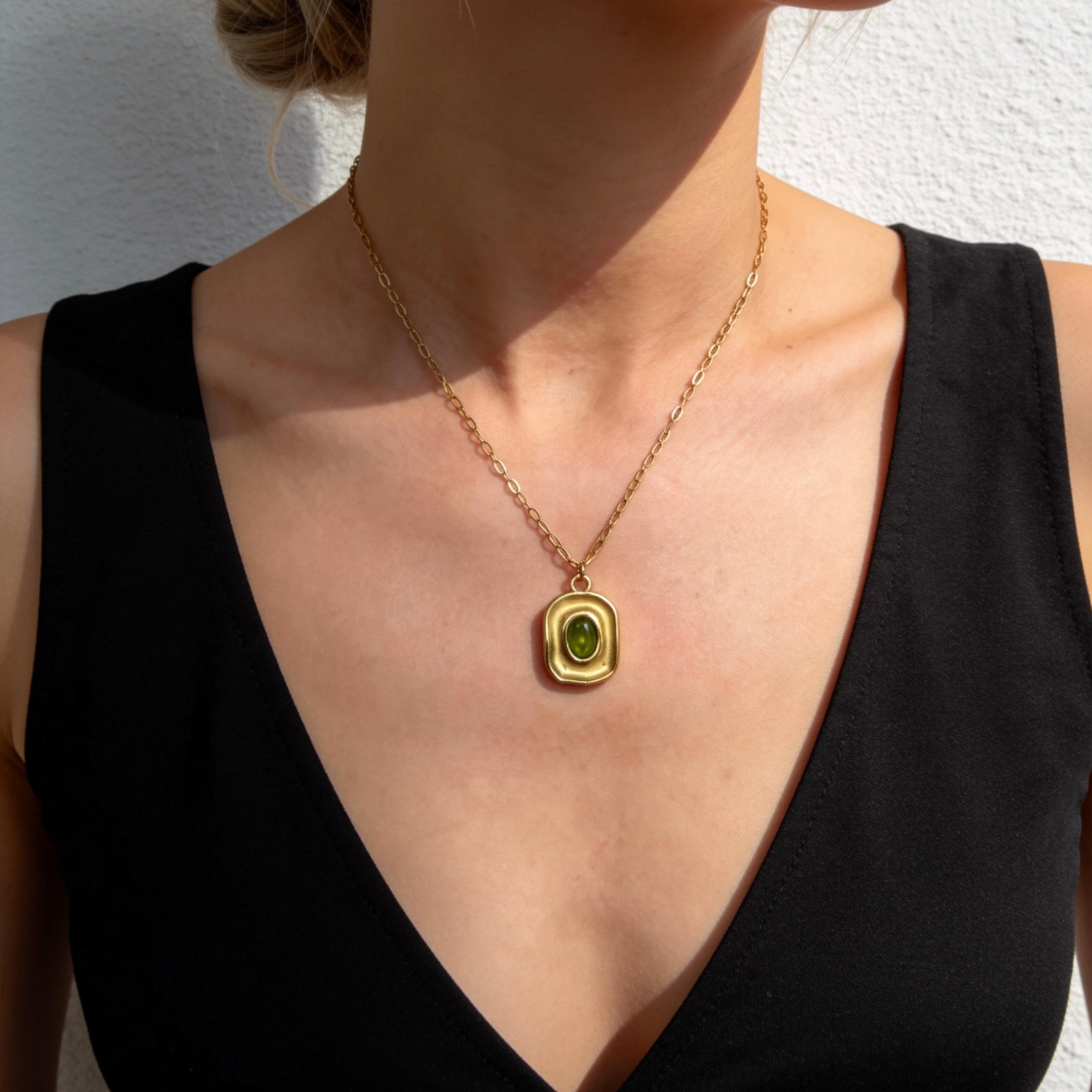 Gold Green Gemstone Square Pendant Necklace