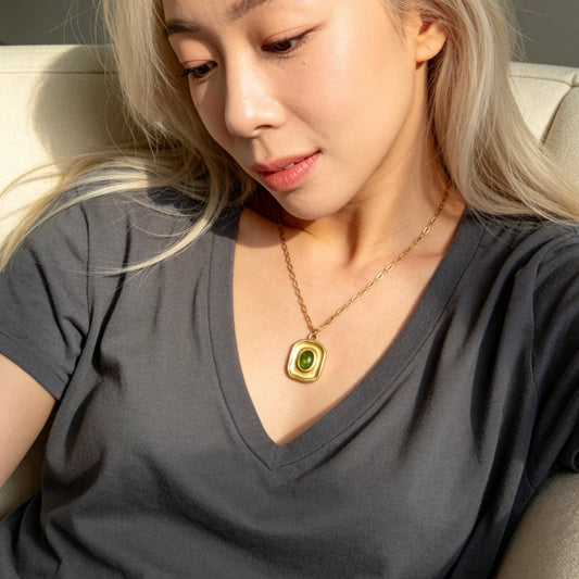 Gold Green Gemstone Square Pendant Necklace