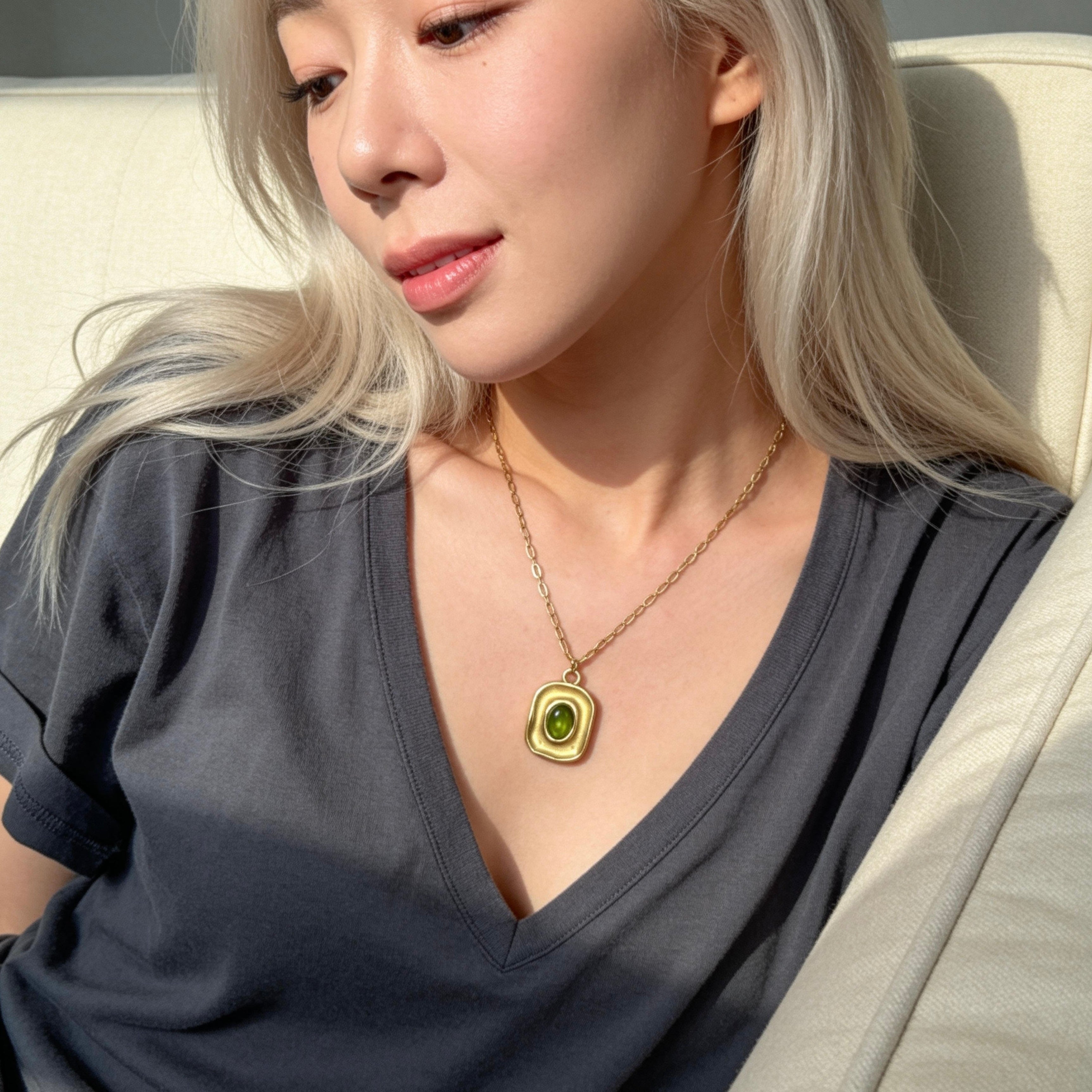 Gold Green Gemstone Square Pendant Necklace