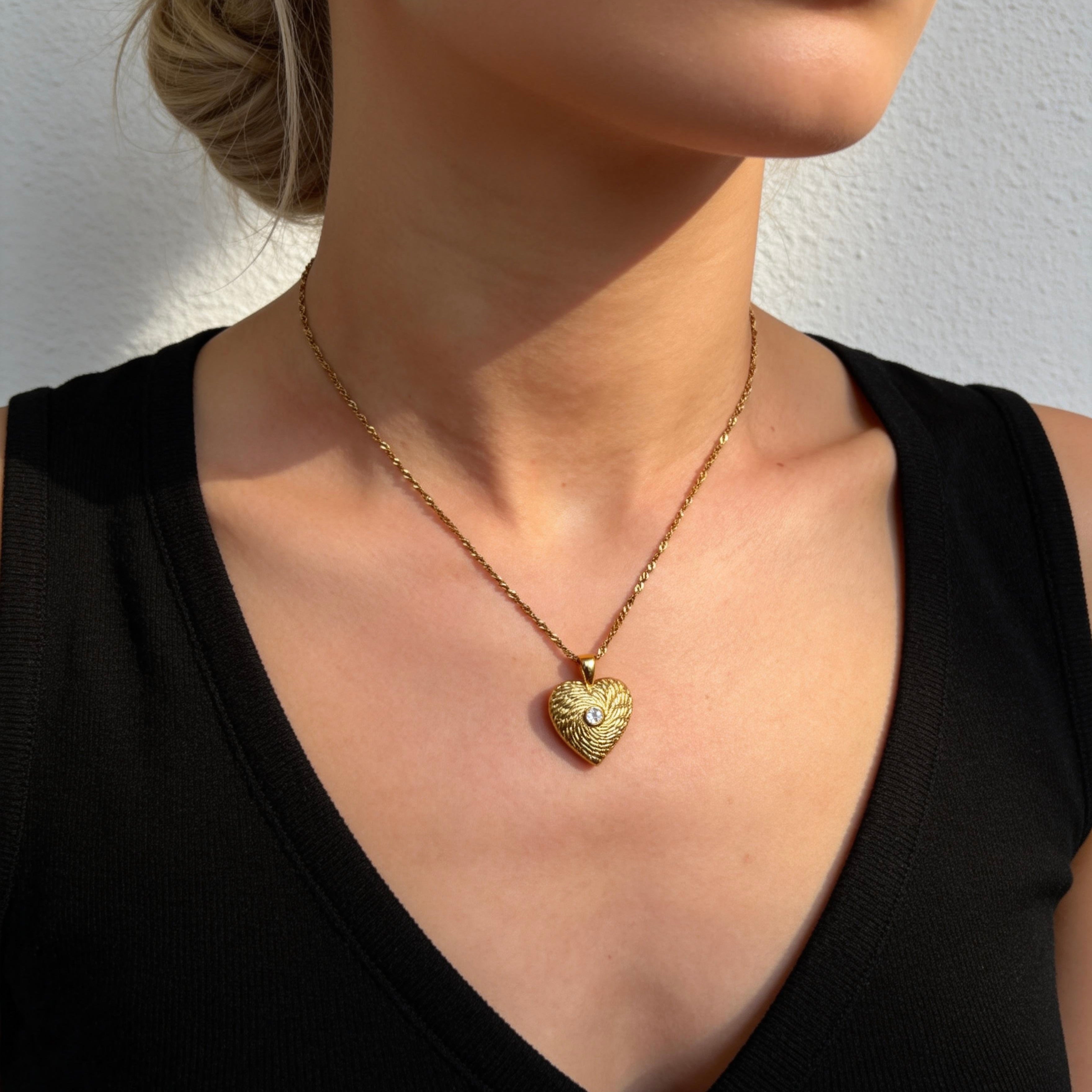 Gold Heart Textured Pendant Necklace