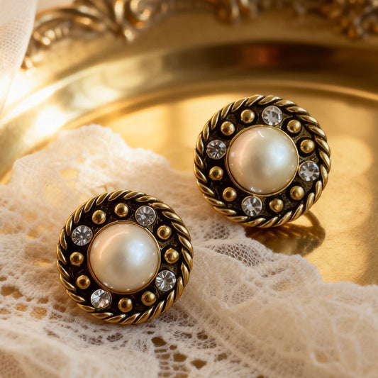 Vintage Pearl & Crystal Stud Earrings
