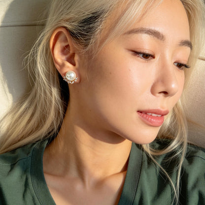 Pearl Stud Earrings with Crystal Halo